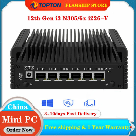 6 LAN 2.5G i226-V Fanless Mini PC Intel Core 3 N355 N305 N150 N97 Firewall Router DDR5 2xNVMe 1xSATA3.0 Type-C pfSense Proxmox.