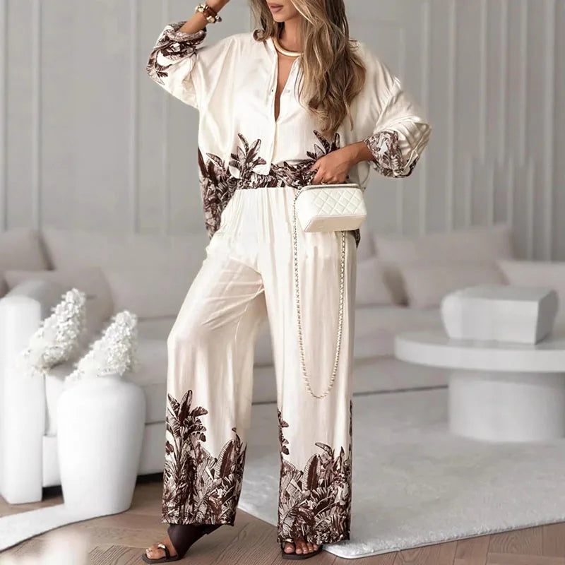New Autumn Long Sleeve Lapel Shirt Cardigans & Wide Leg Pant Sets Woman 2 Piece Casual Print Single Breasted Suit Leisure Outfit.
