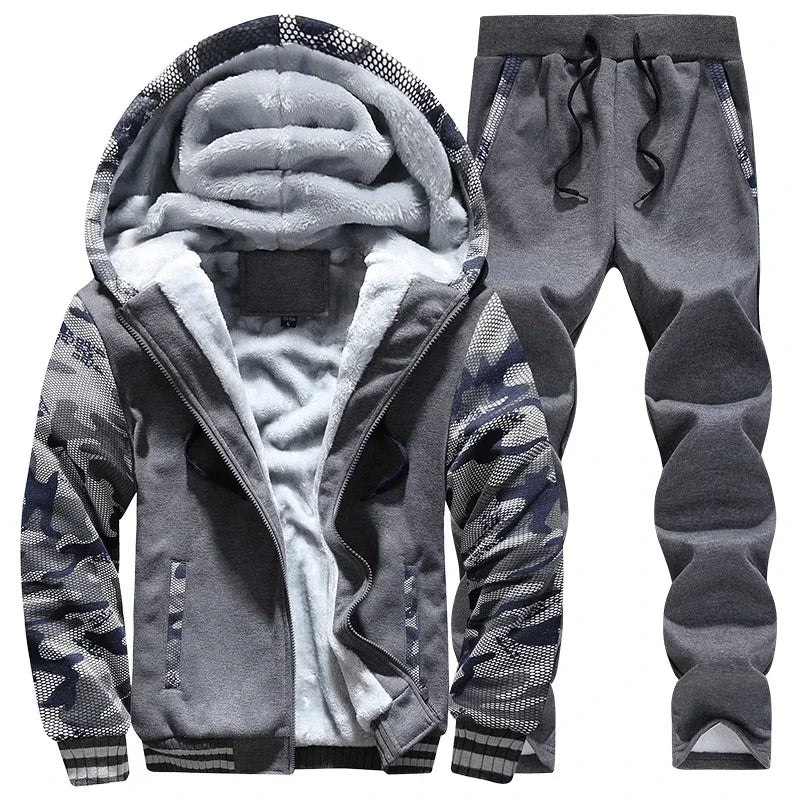 New Winter Fleece Thicken Men's Two-piece Zipper Sports Set Hooded Thermal Suit Casual Oversized Tracksuit 4XL 5XL Funny Suit.