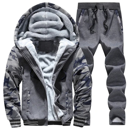New Winter Fleece Thicken Men's Two-piece Zipper Sports Set Hooded Thermal Suit Casual Oversized Tracksuit 4XL 5XL Funny Suit.