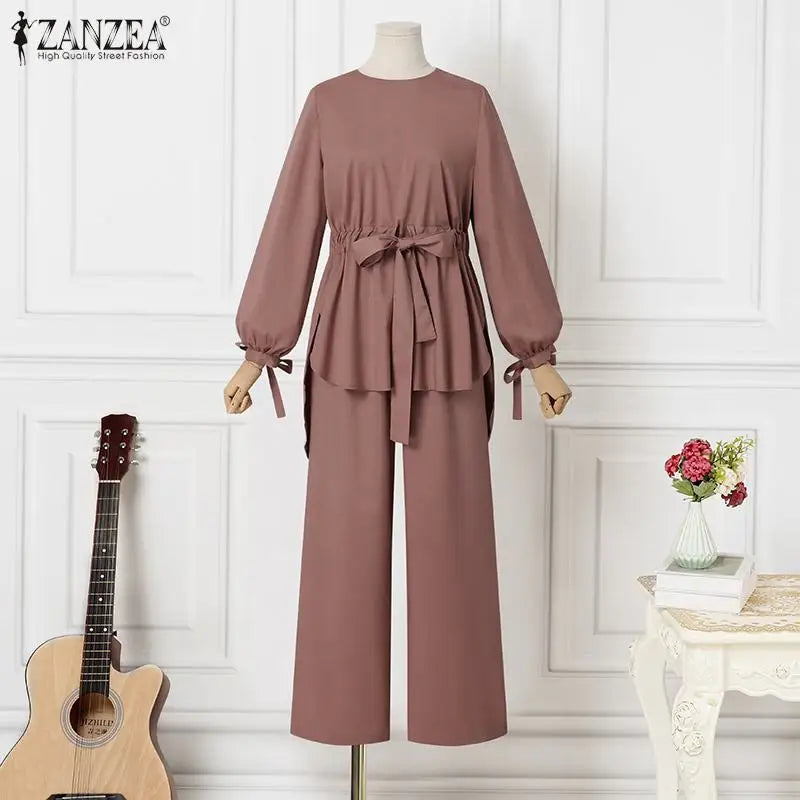 ZANZEA Muslim Women Matching Sets Long Sleeve Solid Color Tops And Loose Pant Suits Elegant Fashion Casual Tracksuit Kaftan 2025.