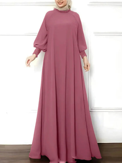 ZANZEA Islamic Hijab Elegant Vestidos Muslim Fashion Shirring Cuff Women Long Sleeve Maxi Dress Solid Ruffled O Neck Abaya Robes.