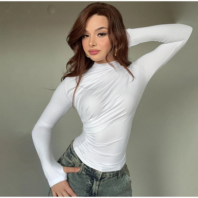 Turtleneck Women Tees Sexy Slim Long Sleeve Pleated All-match Basic Lady T-shirts Spring Autumn Fashion Chic Female Top 2025