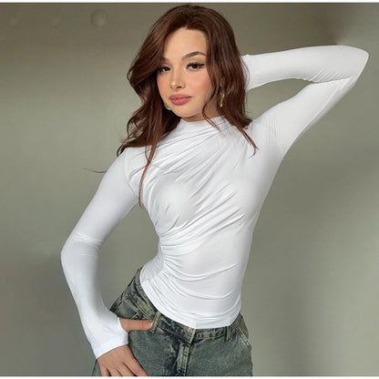 Turtleneck Women Tees Sexy Slim Long Sleeve Pleated All-match Basic Lady T-shirts Spring Autumn Fashion Chic Female Top 2025