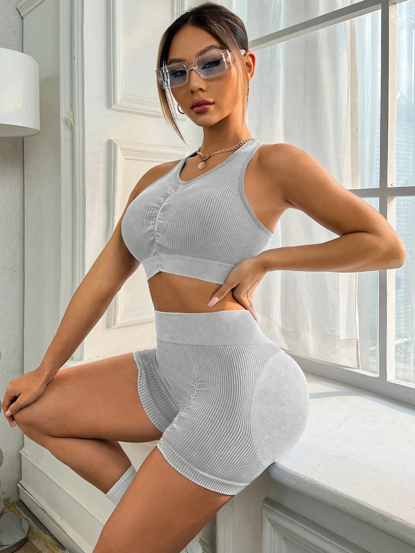 Yoga Sport Outfit For Woman Fitness Women's Two Pieces Short Pant Sets Suits Tracksuit Sportswear Woman Gym Yoga Workout Clothes.