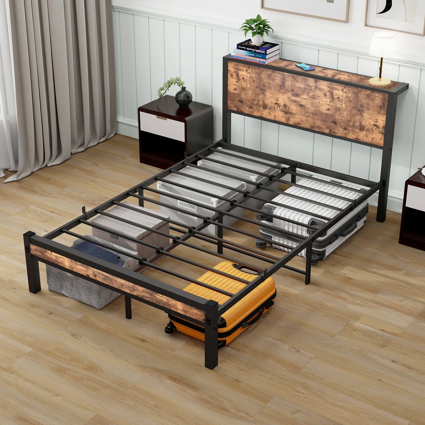 120x200 cm Metallrahmen mit Stauraumkopf, Einzelbettrahmen mit Metallplattform, geräuschfrei, kein Boxspring erforderlich, Vintage-Braun