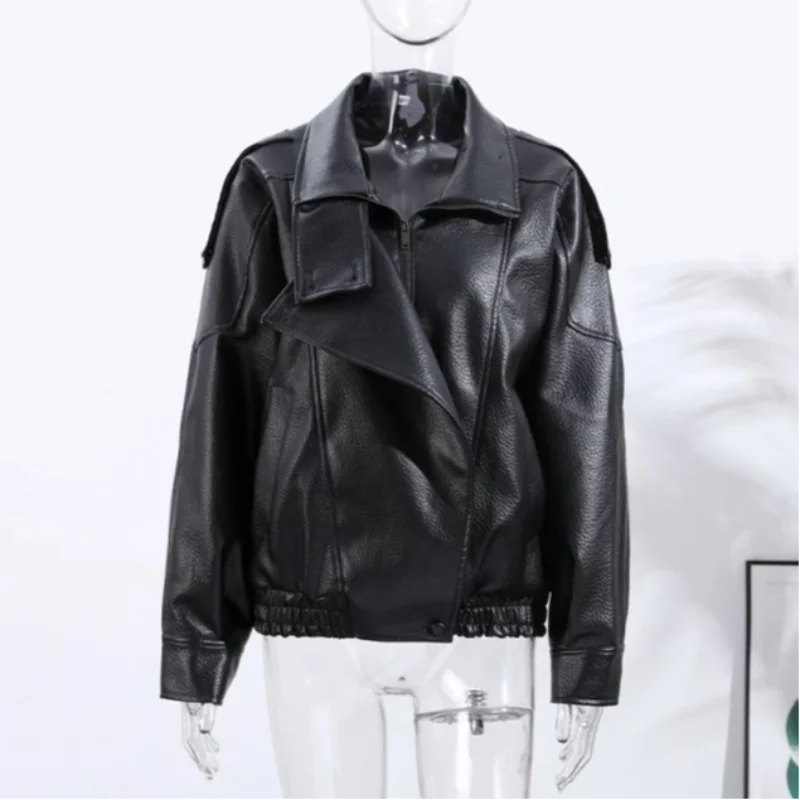 Street PU Leather Loose Jacket Women Fashion Solid Full Sleeve Stand Collar Single Breasted Coats Female 2025 Autumn Lady Coat.