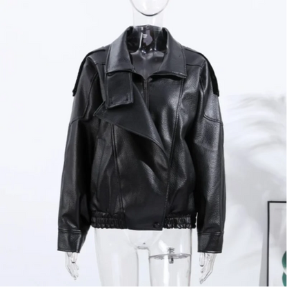 Street PU Leather Loose Jacket Women Fashion Solid Full Sleeve Stand Collar Single Breasted Coats Female 2025 Autumn Lady Coat.