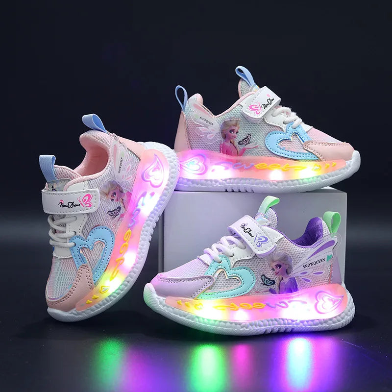 Disney Children Led Shoes Kids Girls Sneakers Frozen Elsa Princess Lighting Shoes Pink Purple Casual Sports Shoes Size 21-31.