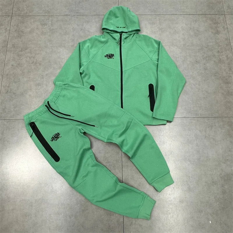 Casual Embroidered Fleece Lined Open Cardigan Hooded Zipper Pants Set for Men And Women Color Block Design by Syna.