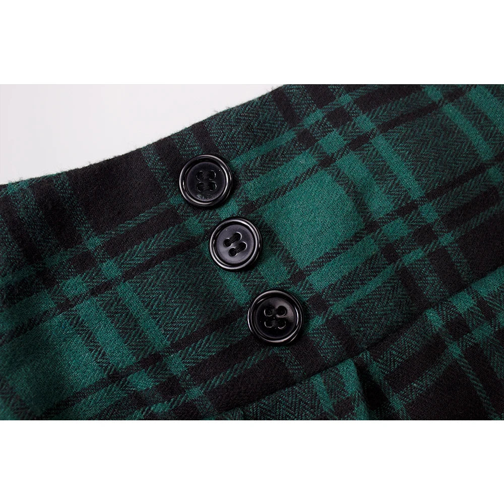 SISHION 2025 Autumn New A Line Swing Buttons Long Midi Vintage Skirt SS0037 Red Green High Waist Plaid Skirts for Women Jupe.