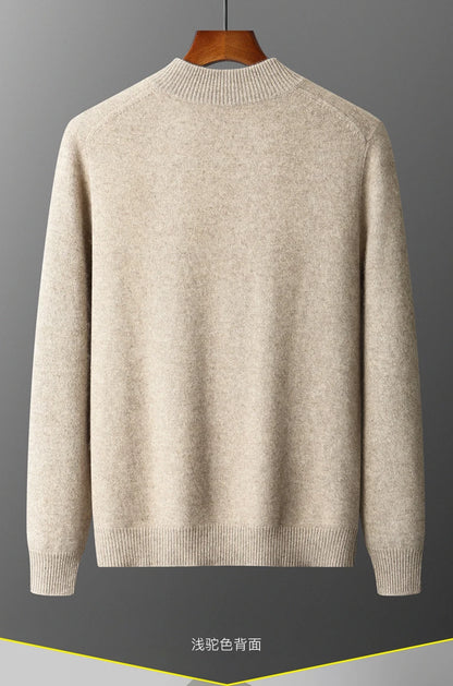 100% Merino Wool Men's Warm Sweater Mock Collar Thickened Zippered Cardigan Autumn Winter New Cashmere Knitted Long Sleeve Tops.