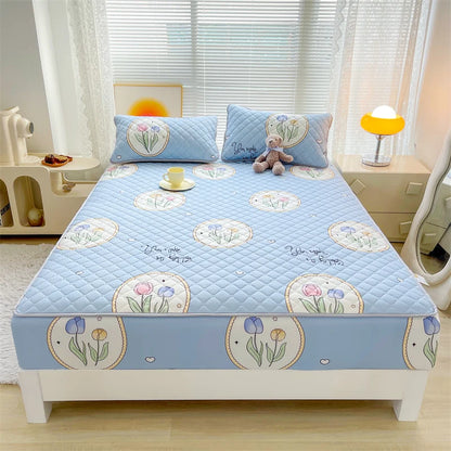 Floral Fitted Sheet Queen Size Bed Cover Thicken Bedsheet Quilted Mattress Protector tampa de colchão (Pillowcase Need Order).
