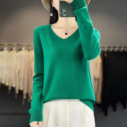 Women 100% Merino Wool Sweater V-Neck Basic Pullover Autumn Winter Cashmere Clothing Long Sleeve Soft Knitwear Tops Solid Color