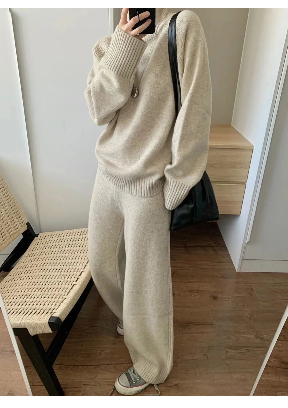 Zweiteiliger Anzug aus 100 % Merinowolle für Damen, O-Kragen-Pullover, Pullover, weites Bein, Hosen-Set, Herbst-Winter, lockere, bequeme Strickwaren