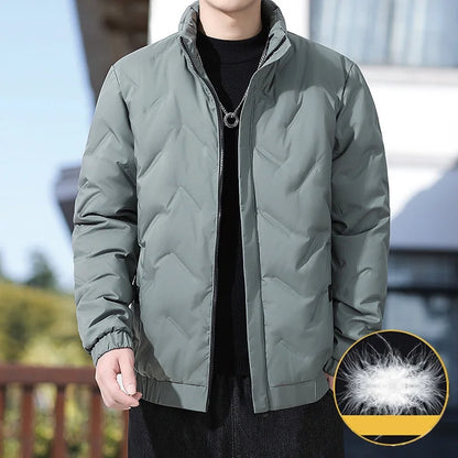 Men's winter standing collar cotton jacket with diamond grid pattern warm jacket, casual solid color fashionable simple jacket.