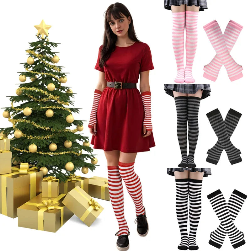 2Pair/Set Women Gothic Punk Over Knee Long Stripe Socks Girl Arm Sleeve Gloves Thigh High Cotton Socks Sweet Cute Soks Hosiery.