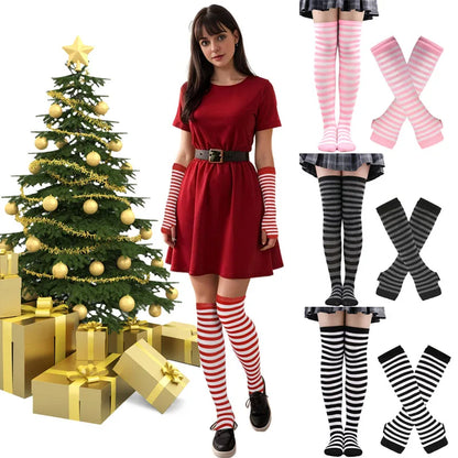 2Pair/Set Women Gothic Punk Over Knee Long Stripe Socks Girl Arm Sleeve Gloves Thigh High Cotton Socks Sweet Cute Soks Hosiery.