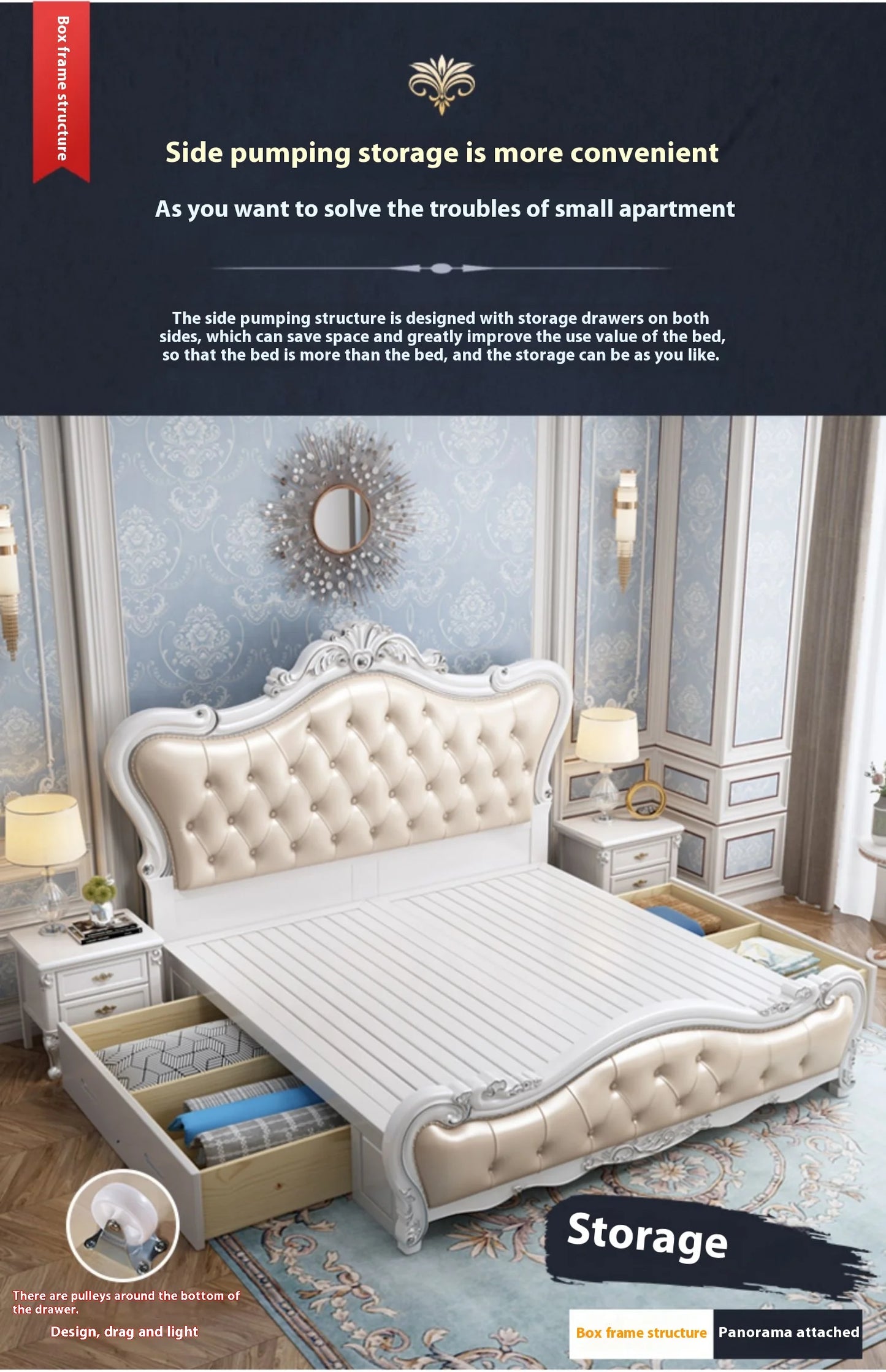 Europäisches Luxus-Doppelbett, modernes weißes King-Size-Doppelbett mit ästhetischem Rahmen, hochwertiges, schlafendes, beleuchtetes Deux-Tischmöbel für Schlafzimmer