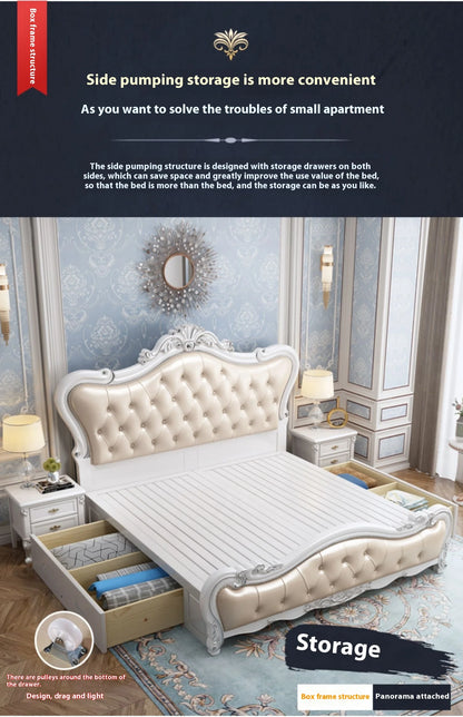 Europäisches Luxus-Doppelbett, modernes weißes King-Size-Doppelbett mit ästhetischem Rahmen, hochwertiges, schlafendes, beleuchtetes Deux-Tischmöbel für Schlafzimmer