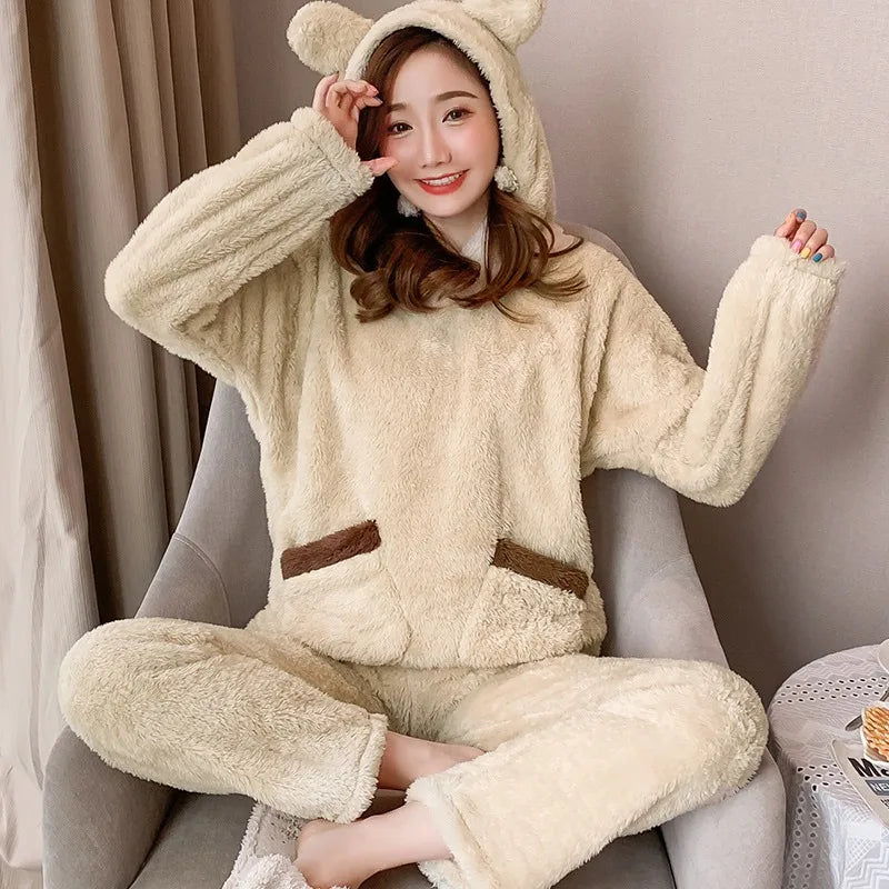 Verdickte warme Flanell Herbst und Winter Frauen Cartoon Plüsch mit Kapuze Bär Nachtwäsche Loungewear zweiteilige solide Nachtwäsche Homewe.
