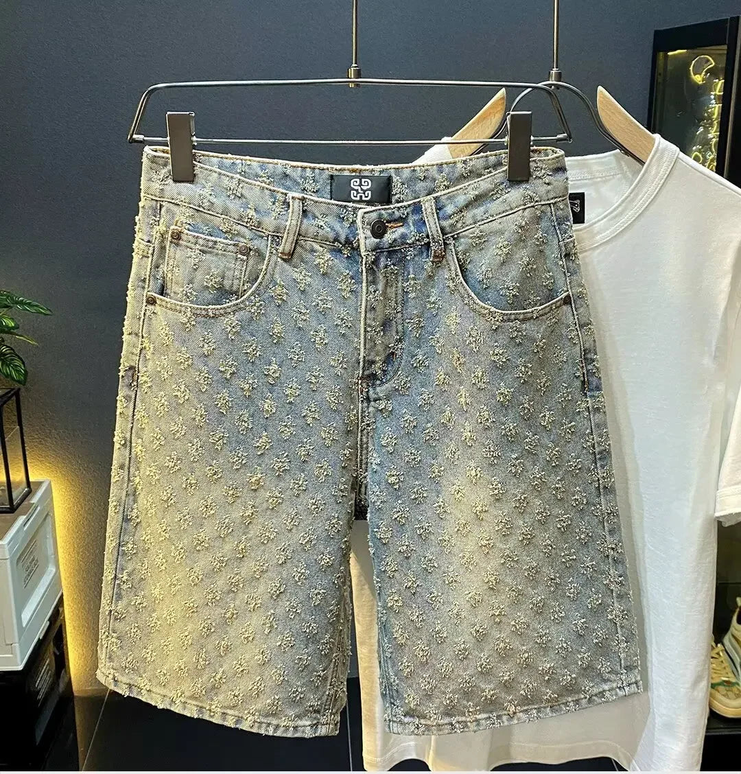 Retro American Casual Vintage Worn Short Jeans Men Straight Loose High Street Five-Point Pants Summer 2025 Distressed Denim.
