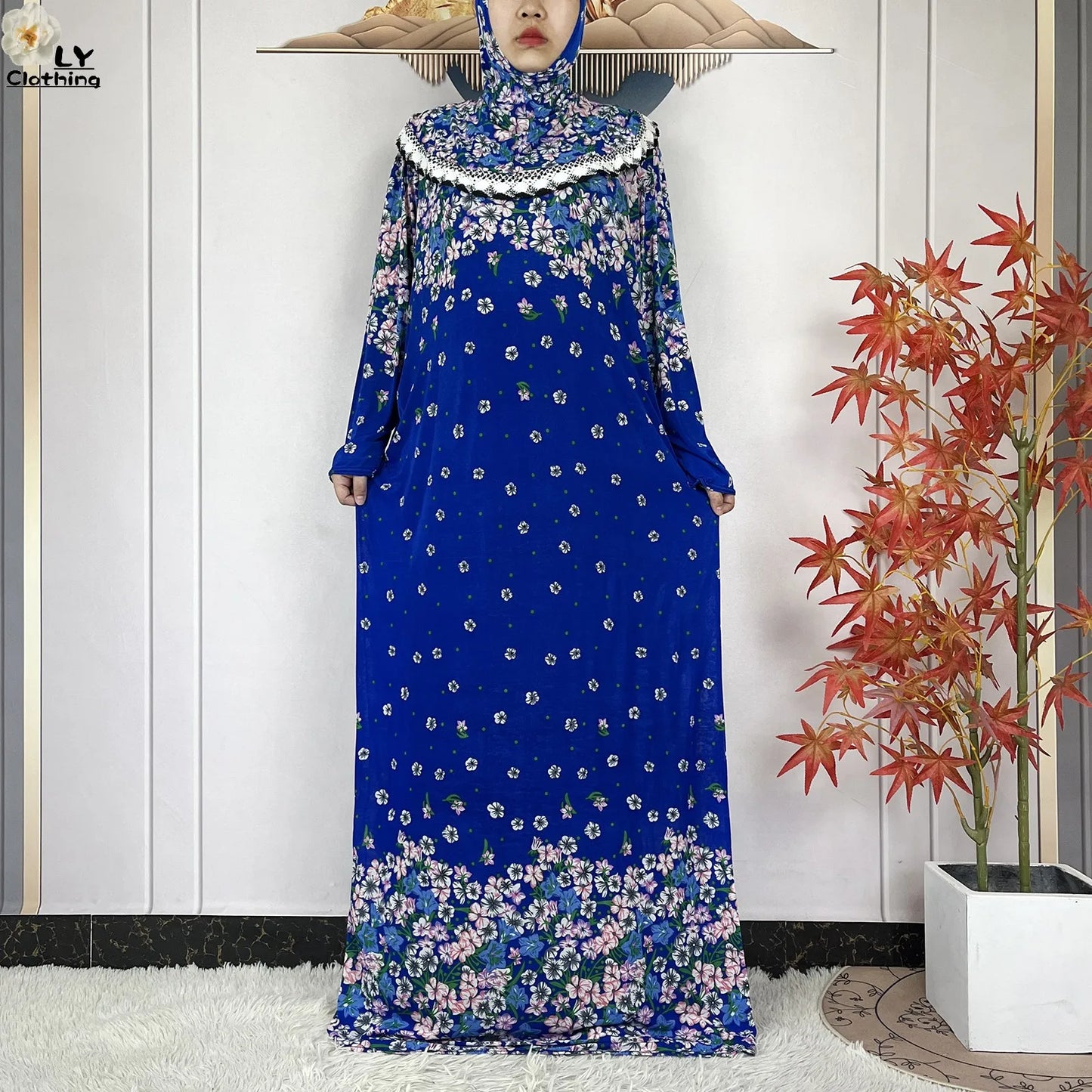 Muslim Ramadan Prayer For Women Long Sleeved Floral 2023Dubai Turkey Middle East Femme Loose Robe African Abayas Headscarf Dress
