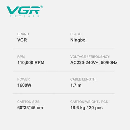 VGR Leafless Hair Dryer Professional Negative Ion Dryer Brushless Motor 11000RPM Electric Hair Dryer Barber Salon Tools V-445