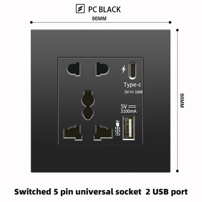 Schwarze UK 13A Wandsteckdose mit USB Typ C 18W Schnelllade-Steckdose, Wandsteckdose mit USB-Ladegerät, Schalter mit Steckdose