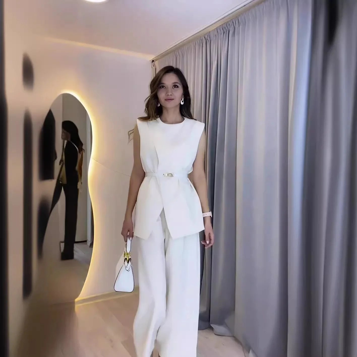 Women Women Piece Set High Waist Pocket Pant Sets Tops Solid Sleeveless Spliced Elegant Round Neck Top Suits Office Lady.