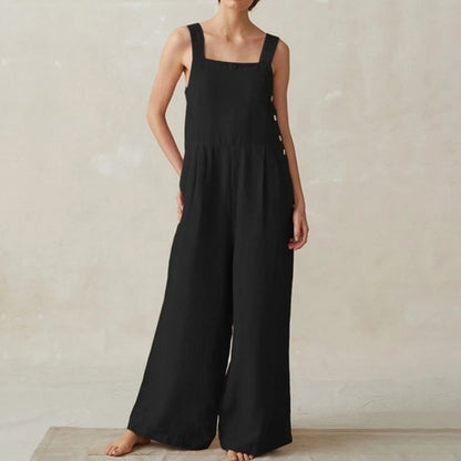 Women Cotton Linen Wide Leg Overalls Summer Fashion Off The Shoulder Sleeveless Solid Color Pocket Jumpsuits JYFS-8929.