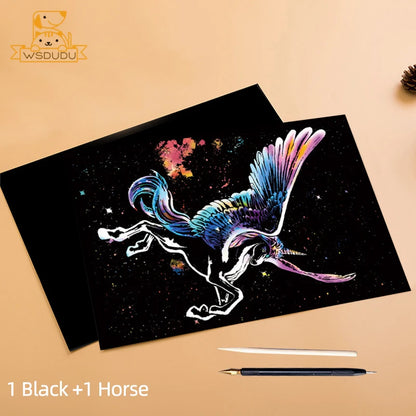 2 Sheets Animal Scratch Art Paper Set with Stylus DIY Rainbow Craft Lion Unicorn Cat Dog Painting Toy Creative Kids Adults Gift.