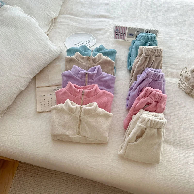 Kids Fleece Warm Set Winter Plus Velvet Outfits Long Sleeved Pullover Tops+Pants 2Pcs Autumn Children's Casual Clothing Suits.