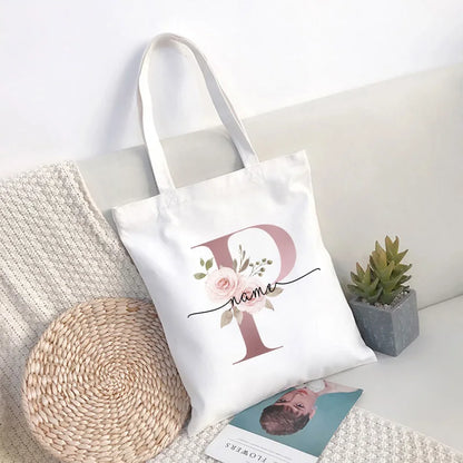 Custom Name White Canvas Tote Bag Large Capacity Foldable Supermarket Shopping Bag for Women Shopper Personalized Handbags.