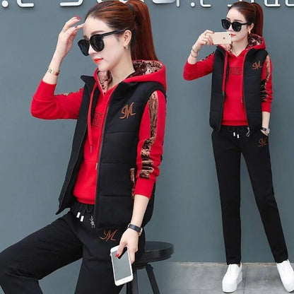 Women's Fashion Plush Thickened Sweat Suit 2025 Autumn Winter New Casual Hooded Tops Waistcoat Pants 3 Three Piece Set For Women.
