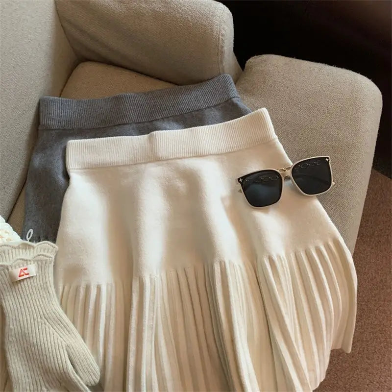 Pleated Mini Skirts Korean Sweet Knitted Skirts Sweet Elastic Waist Ladies Casual Youthful For Women's Clothes Solid Fashion New.