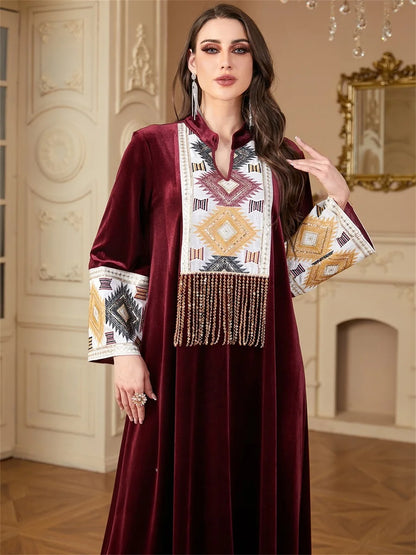 Siskakia Ramadan Muslim Notched Stand Collar Tassel Long Dresses For Women  Loose Elegant Kebaya Patchwork Sleeve Abayas.