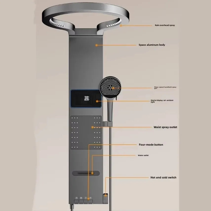 Multi Functional LED Shower Screen Wall Mounted Waterfall Shower Head Set Bathroom Digital Atmosphere Light Shower Set Screen