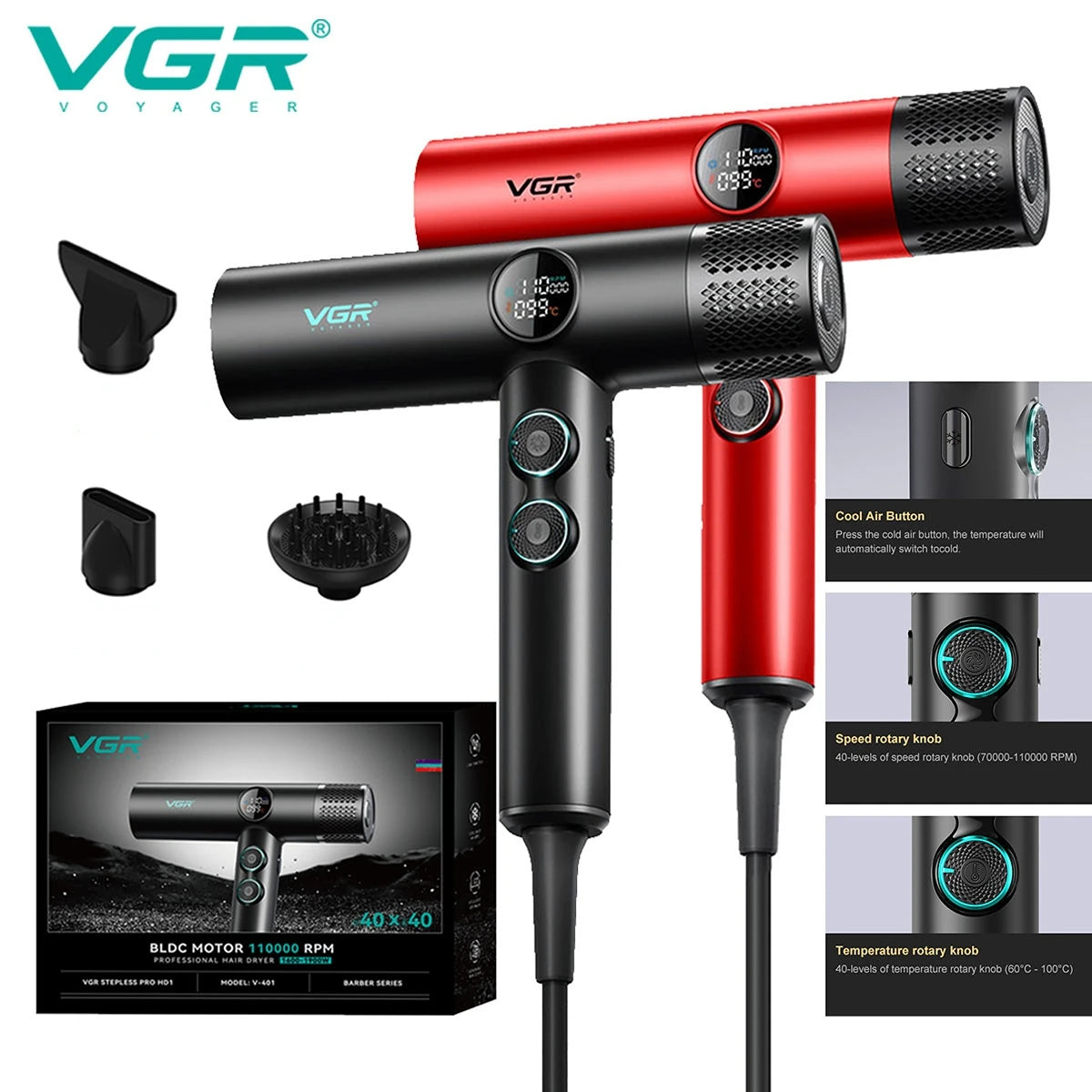 VGR Hair Dryers Professional Air Blower Negative Ion Hair Dryer 110000 RPM Hair Dryer Machine BLDC Motor Barber Salon V-401.