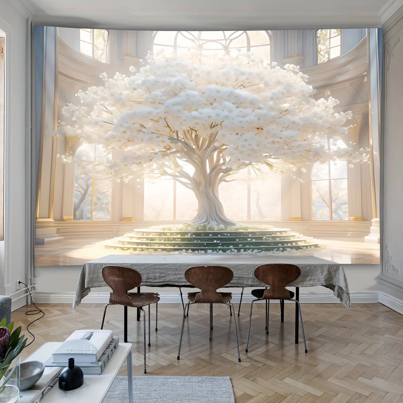 Large Romantic White Tree of Life Tapestry Anti Wrinkle and Fade Resistant Wall Hanging For Dormitory Elegant Home Decor.