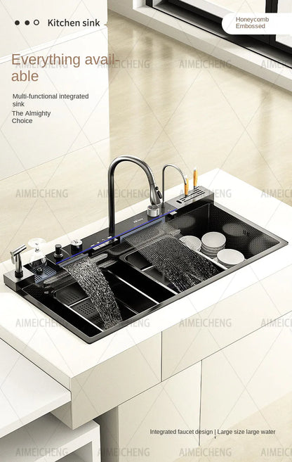 Heißer verkauf Edelstahl Wasserfall Küche Waschbecken Mit Messer Halter Digital Display Wasserhahn Set Geprägte Extra Große Einzigen Slot