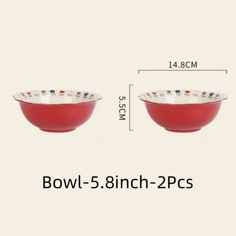 SOLECASA Ceramic Tableware Pastoral Style Rice Soup Bowl Fruit Salad Bowl Dish Pasta Dessert Plate Dinnerware Table Decoration.