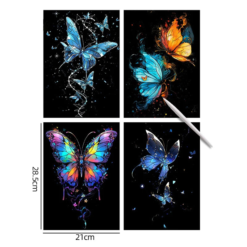 4PCS Scratch Art Paper World Landmarks Animals Painting Toy with Stylus Stress Relief Drawing Kids Adult Gift Glow in Dark Craft