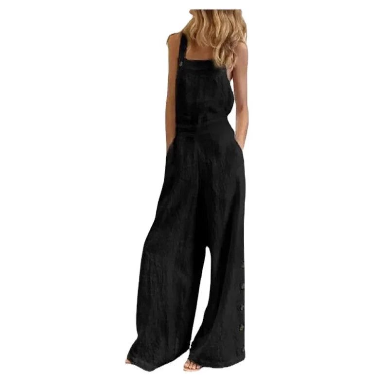New 2021 Women's Solid Color Sleeveless Side Button Wide Leg Pocket Casual Jumpsuit Comfortable One-Piece Suiting Pants.