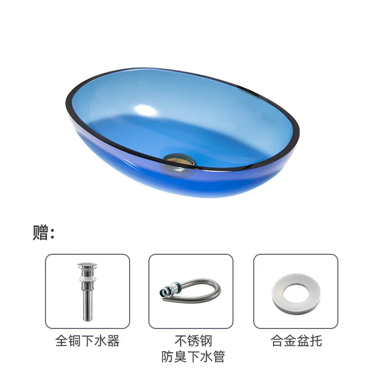 Farbiges, transparentes Badezimmerwaschbecken aus gehärtetem Glas, Hotel, modernes Aufsatzwaschbecken, Waschbecken mit Wasserfall-Wasserhahn, 49 x 35 x 13 cm