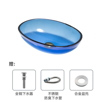 Farbiges, transparentes Badezimmerwaschbecken aus gehärtetem Glas, Hotel, modernes Aufsatzwaschbecken, Waschbecken mit Wasserfall-Wasserhahn, 49 x 35 x 13 cm