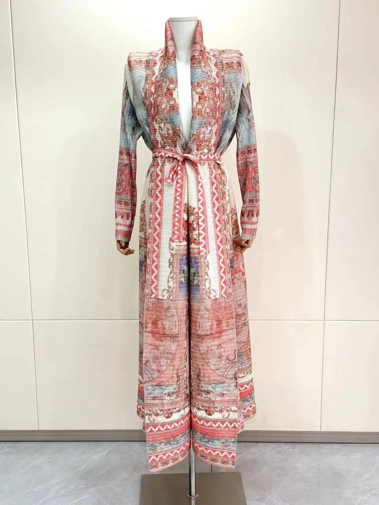 Abaya Miyake Pleated Printed Robe Jacket Arabian Dubai Style Women's Long Sleeve Conservative Demure Muslim Trench Coat 55inches