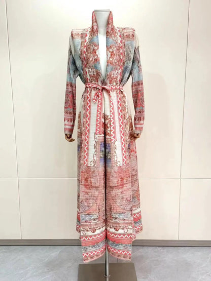 Abaya Miyake Pleated Printed Robe Jacket Arabian Dubai Style Women's Long Sleeve Conservative Demure Muslim Trench Coat 55inches