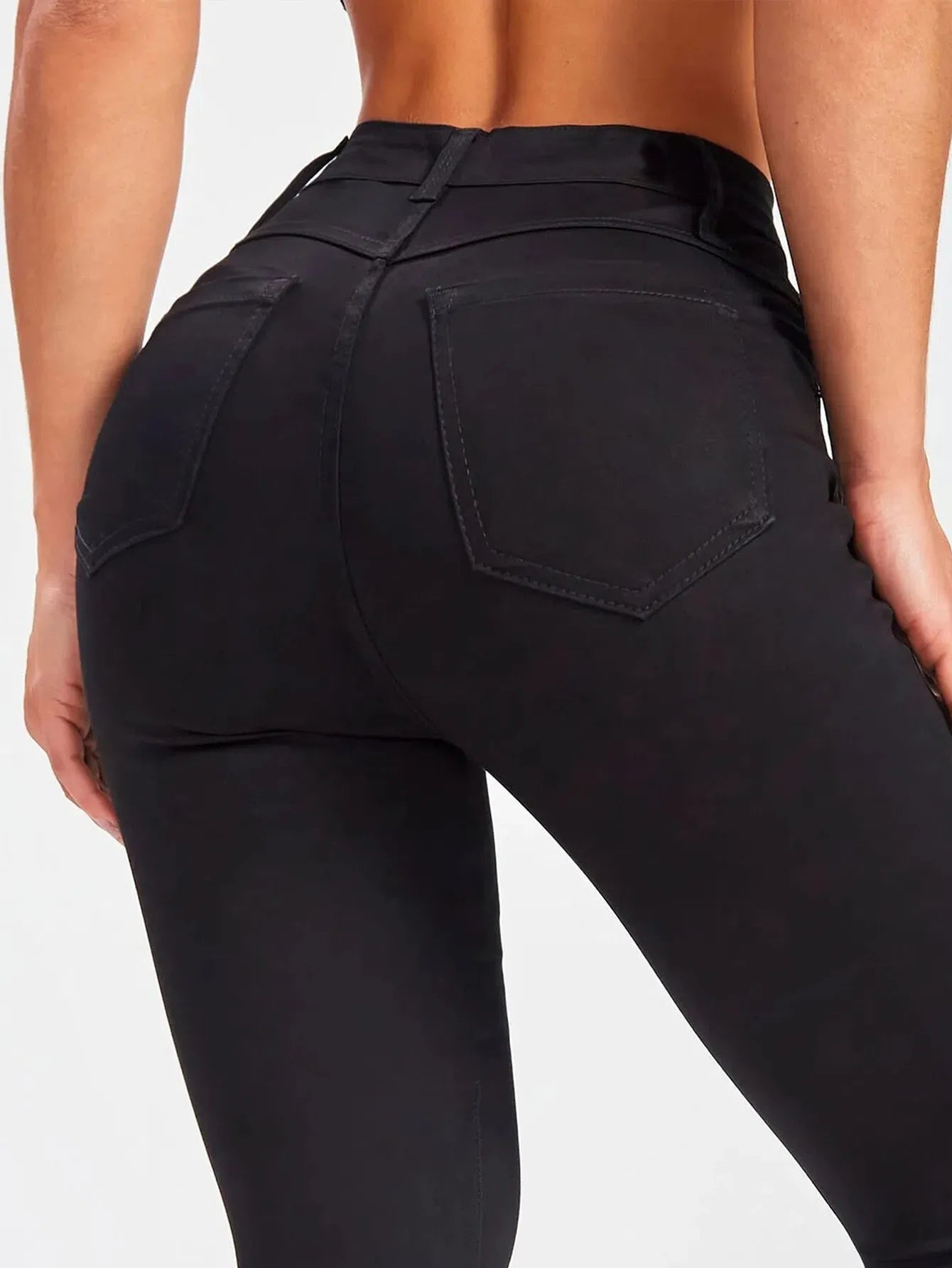 Women's Mid-Waist Slim Fit Black Denim Pants Elastic Casual Style Comfortable Cotton Long Trousers Versatile All-Season Jeans.