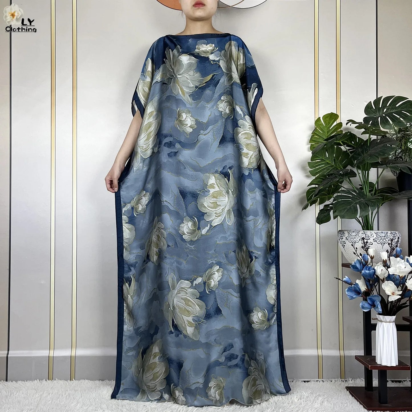 2024 New Dubai Summer Fashion For Women Printed Silk Soft Loose Femme Robe African Islam Maxi Woman Casual Dresses With Turban.
